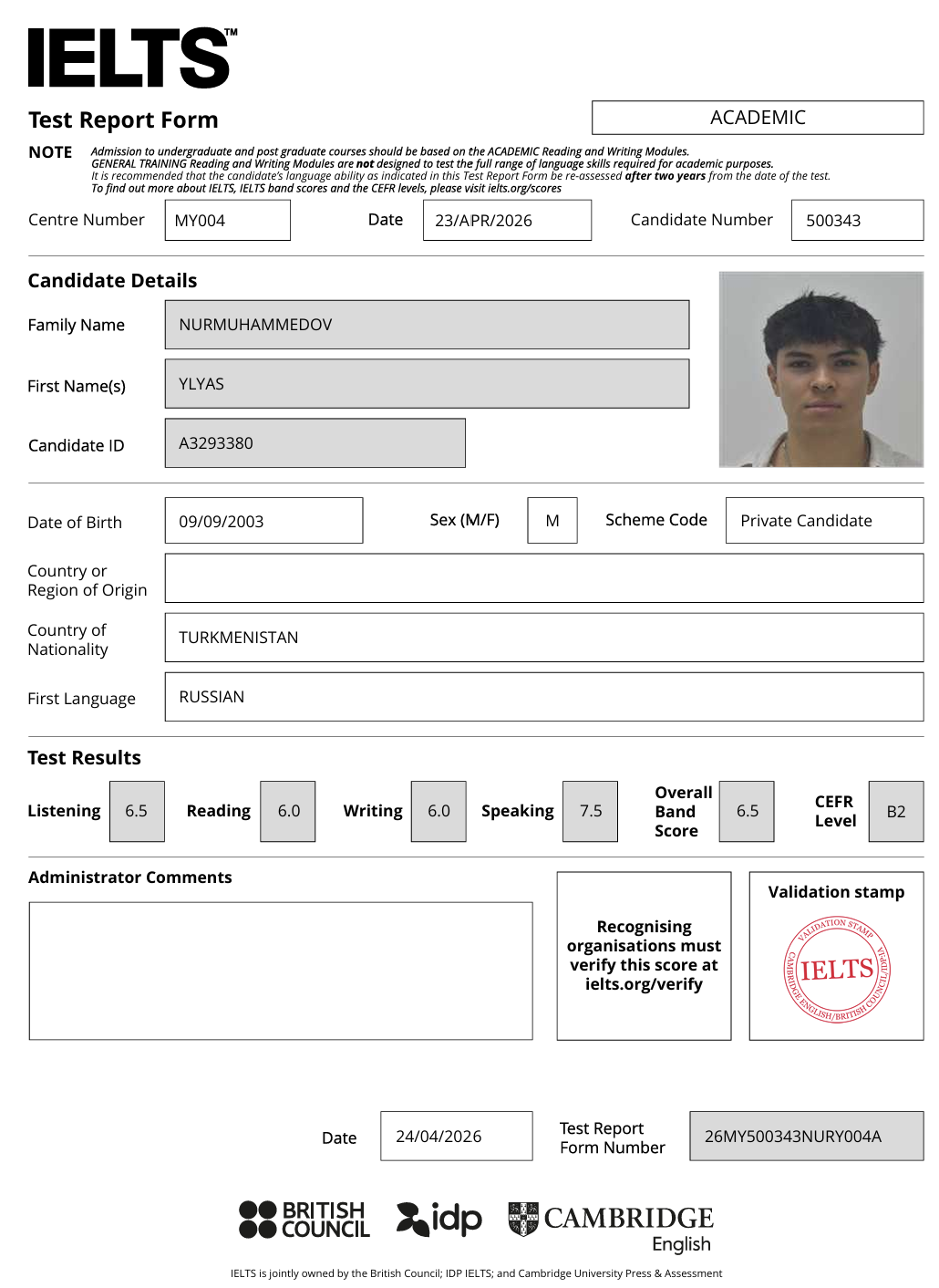 IELTS Academic certificate